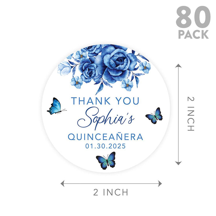 Custom Round Circle Quinceañera Labels, Sticker for Sweet 15, Set of 40-Set of 40-Andaz Press-Blue Butterflies & Florals-