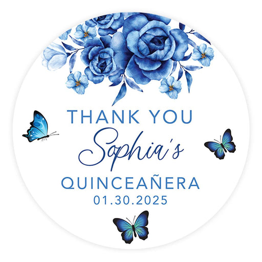 Custom Round Circle Quinceañera Labels, Sticker for Sweet 15, Set of 40-Set of 40-Andaz Press-Blue Butterflies & Florals-
