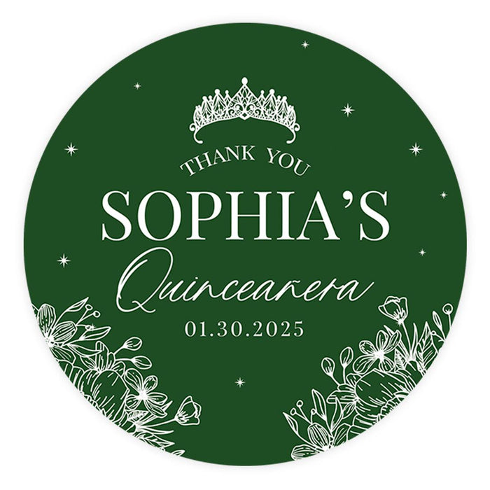 Custom Round Circle Quinceañera Labels, Sticker for Sweet 15, Set of 40-Set of 40-Andaz Press-Crown with Line Design Florals-