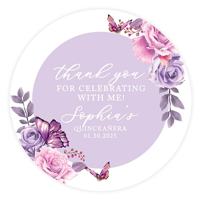 Custom Round Circle Quinceañera Labels, Sticker for Sweet 15, Set of 40-Set of 40-Andaz Press-Lilac Lavender with Butterflies-
