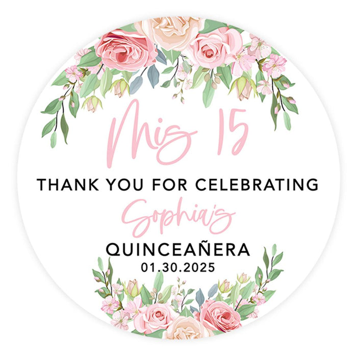 Custom Round Circle Quinceañera Labels, Sticker for Sweet 15, Set of 40-Set of 40-Andaz Press-Pink & Cream Roses-