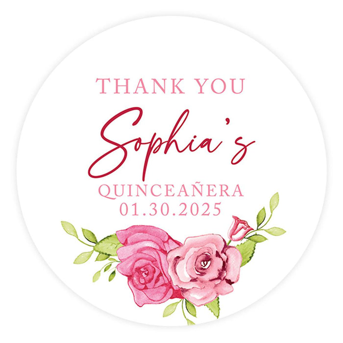 Custom Round Circle Quinceañera Labels, Sticker for Sweet 15, Set of 40-Set of 40-Andaz Press-Pink Watercolor Roses-