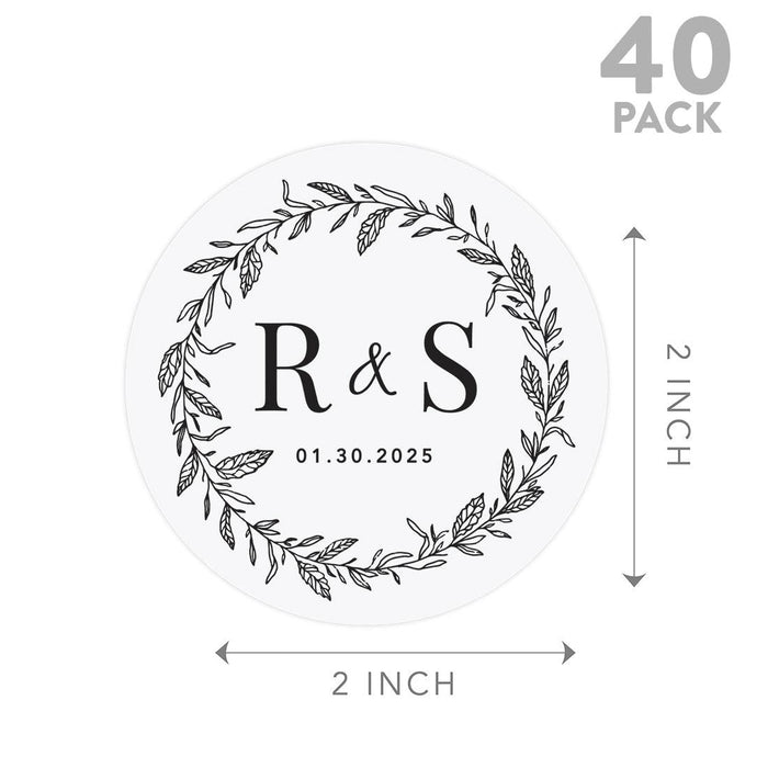 Custom Round Clear Wedding Sticker Labels with Black Ink-Set of 40-Andaz Press-Monogram Wreath-