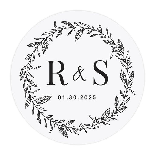 Custom Round Clear Wedding Sticker Labels with Black Ink-Set of 40-Andaz Press-Monogram Wreath-