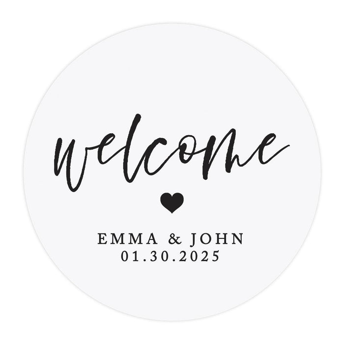 Custom Round Clear Wedding Sticker Labels with Black Ink-Set of 40-Andaz Press-Welcome Heart Design-