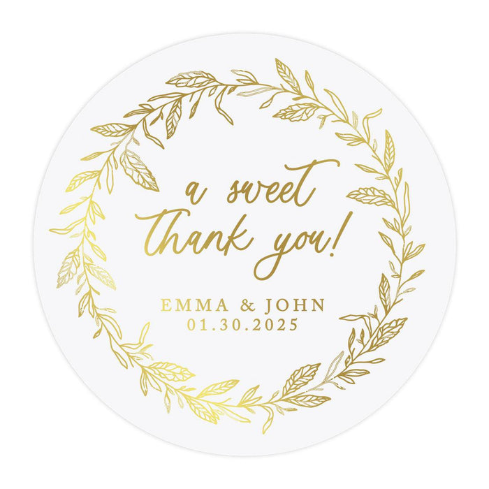 Custom Round Clear Wedding Sticker Labels with Gold Ink, Set of 40-Set of 40-Andaz Press-Monogram Wreath-