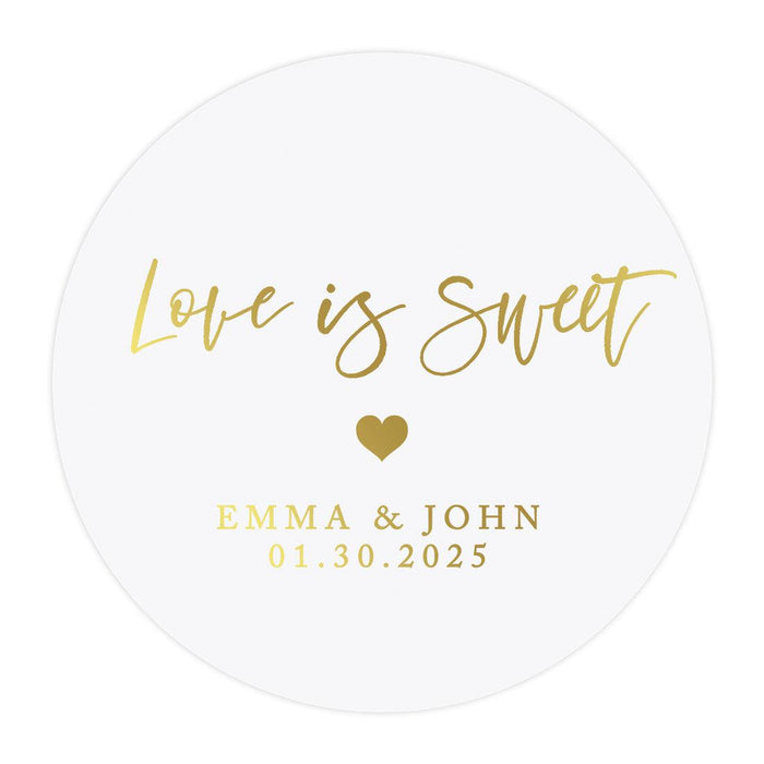 Custom Round Clear Wedding Sticker Labels with Gold Ink, Set of 40-Set of 40-Andaz Press-Love Is Sweet Heart-