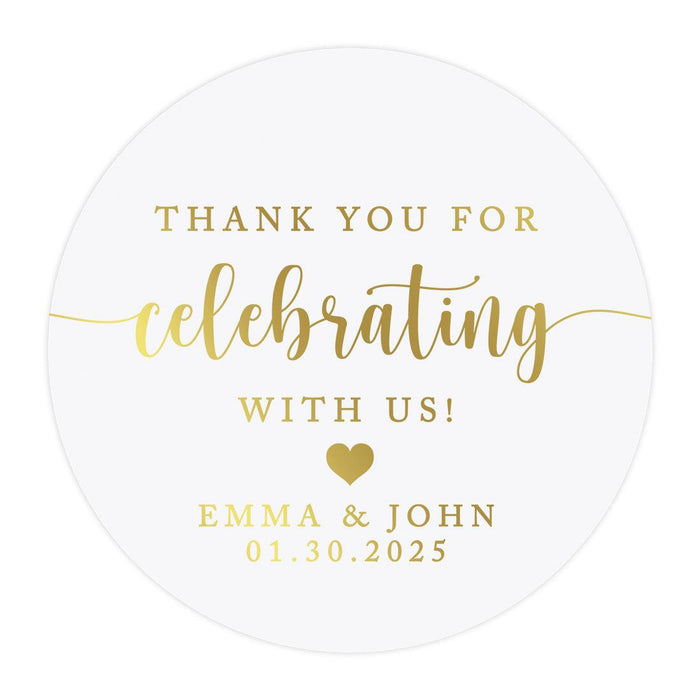 Custom Round Clear Wedding Sticker Labels with Gold Ink, Set of 40-Set of 40-Andaz Press-Script Thank You For Celebrating With Us-