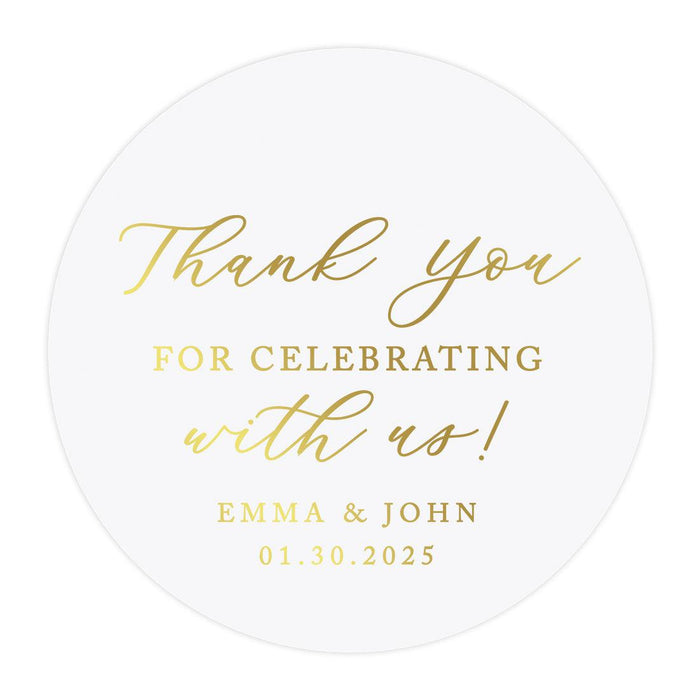 Custom Round Clear Wedding Sticker Labels with Gold Ink, Set of 40-Set of 40-Andaz Press-Thank You For Celebrating With Us-
