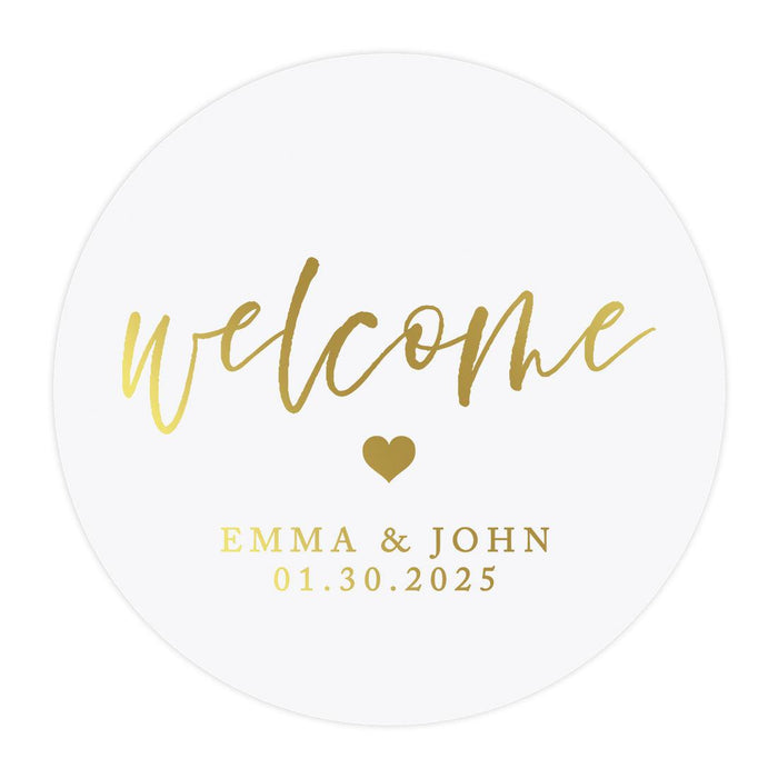 Custom Round Clear Wedding Sticker Labels with Gold Ink, Set of 40-Set of 40-Andaz Press-Welcome Heart Design-