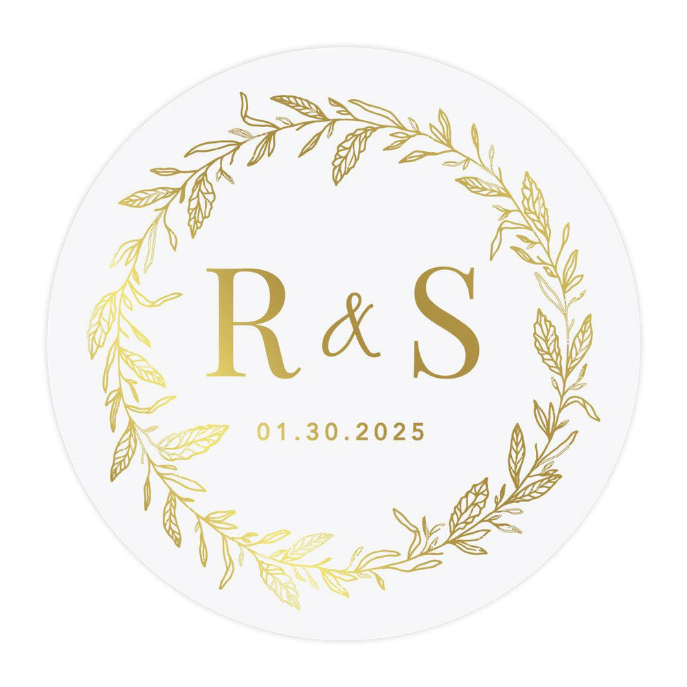 Custom Round Clear Wedding Sticker Labels with Gold Ink, Set of 40-Set of 40-Andaz Press-Monogram Wreath-