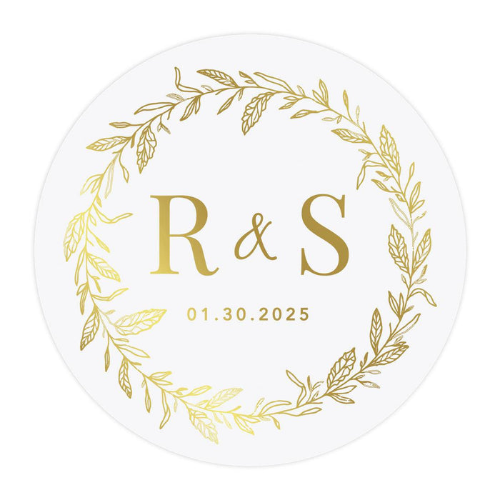 Custom Round Clear Wedding Sticker Labels with Gold Ink, Set of 40-Set of 40-Andaz Press-Monogram Wreath-