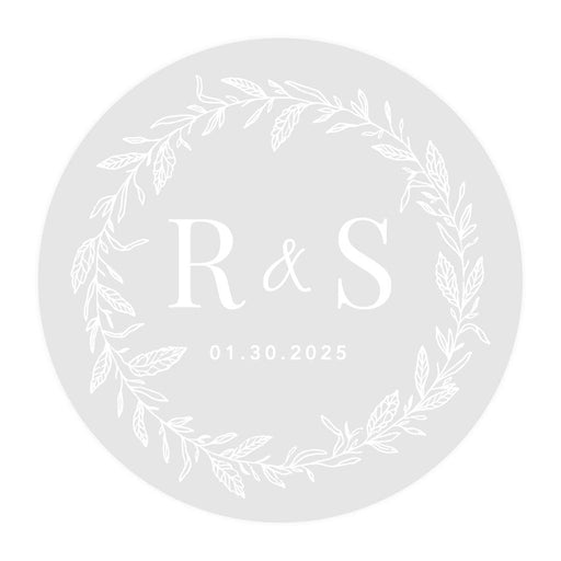 Custom Round Clear Wedding Sticker Labels with White Ink-Set of 40-Andaz Press-Monogram Wreath-