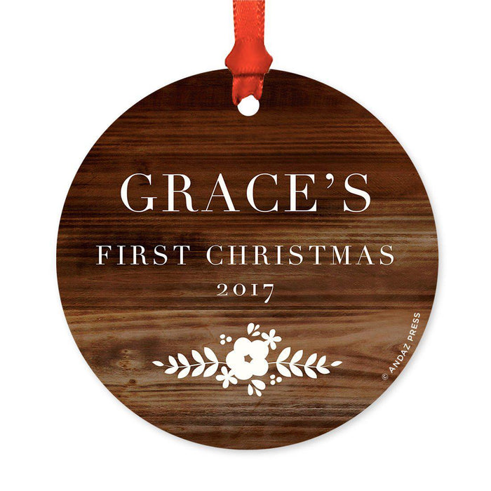 Custom Round Metal Christmas Ornament, Baby's First Christmas, Custom Name, Year-Set of 1-Andaz Press-Navy Blue Hydrangea Floral-