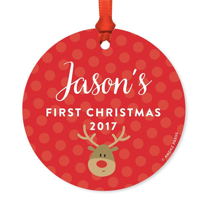 Custom Round Metal Christmas Ornament, Baby's First Christmas, Custom Name, Year-Set of 1-Andaz Press-Navy Blue Hydrangea Floral-