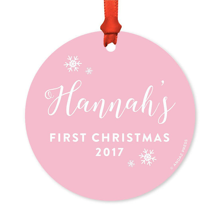 Custom Round Metal Christmas Ornament, Baby's First Christmas, Custom Name, Year-Set of 1-Andaz Press-Navy Blue Hydrangea Floral-