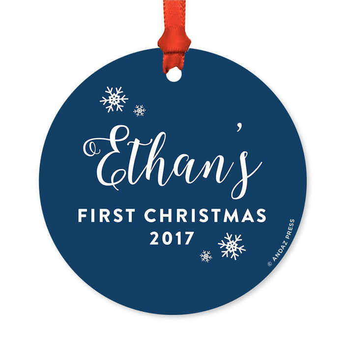 Custom Round Metal Christmas Ornament, Baby's First Christmas, Custom Name, Year-Set of 1-Andaz Press-Navy Blue Hydrangea Floral-