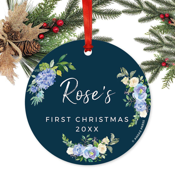 Custom Round Metal Christmas Ornament, Baby's First Christmas, Custom Name, Year-Set of 1-Andaz Press-Navy Blue Hydrangea Floral-