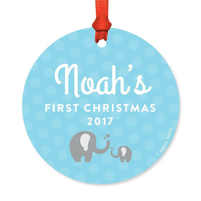 Custom Round Metal Christmas Ornament, Baby's First Christmas, Custom Name, Year-Set of 1-Andaz Press-Navy Blue Hydrangea Floral-