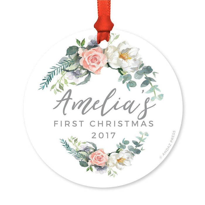 Custom Round Metal Christmas Ornament, Baby's First Christmas, Custom Name, Year-Set of 1-Andaz Press-Navy Blue Hydrangea Floral-