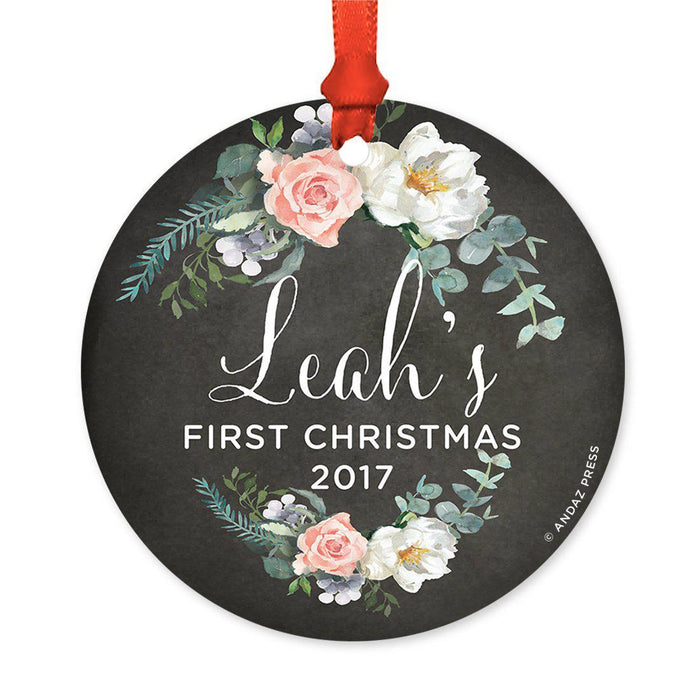 Custom Round Metal Christmas Ornament, Baby's First Christmas, Custom Name, Year-Set of 1-Andaz Press-Navy Blue Hydrangea Floral-