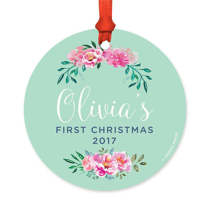 Custom Round Metal Christmas Ornament, Baby's First Christmas, Custom Name, Year-Set of 1-Andaz Press-Navy Blue Hydrangea Floral-