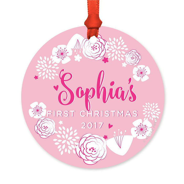 Custom Round Metal Christmas Ornament, Baby's First Christmas, Custom Name, Year-Set of 1-Andaz Press-Navy Blue Hydrangea Floral-
