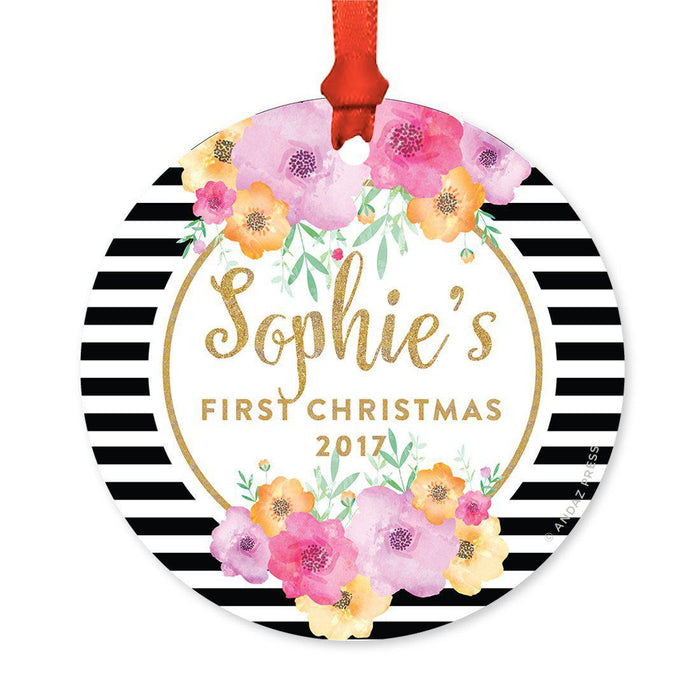 Custom Round Metal Christmas Ornament, Baby's First Christmas, Custom Name, Year-Set of 1-Andaz Press-Black White Stripes-