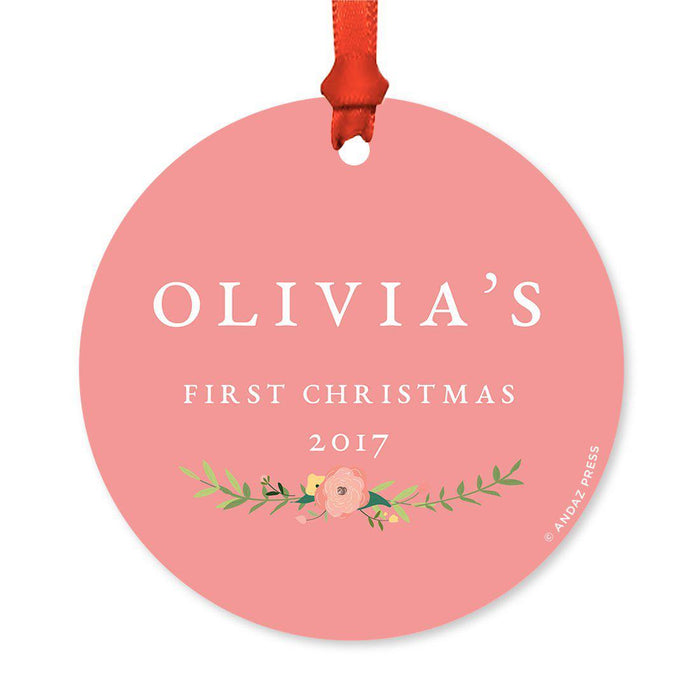 Custom Round Metal Christmas Ornament, Baby's First Christmas, Custom Name, Year-Set of 1-Andaz Press-Blush Pink Mint Green Floral-