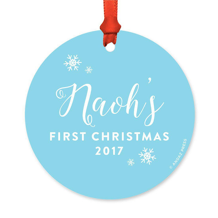 Custom Round Metal Christmas Ornament, Baby's First Christmas, Custom Name, Year-Set of 1-Andaz Press-Elegant Baby Blue-