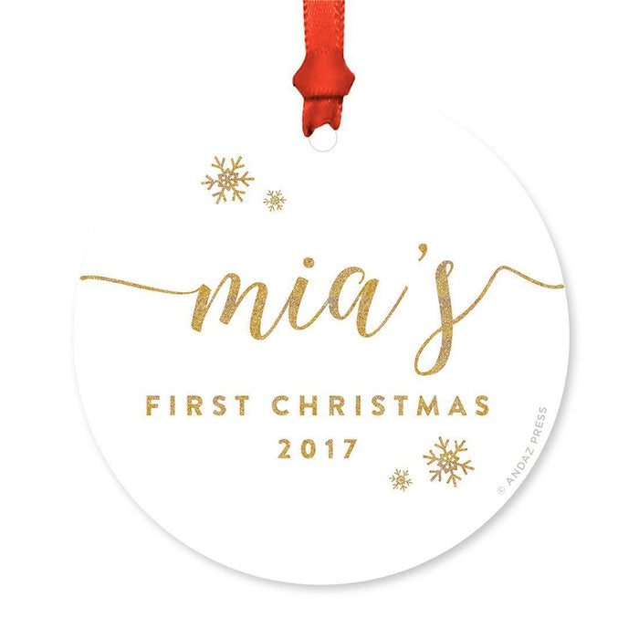 Custom Round Metal Christmas Ornament, Baby's First Christmas, Custom Name, Year-Set of 1-Andaz Press-Elegant Gold Glittering-