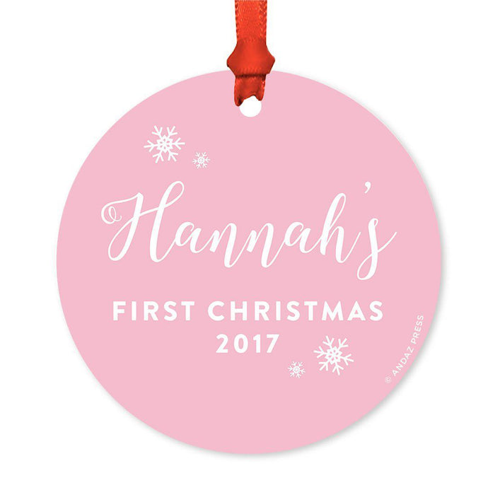 Custom Round Metal Christmas Ornament, Baby's First Christmas, Custom Name, Year-Set of 1-Andaz Press-Elegant Pink-