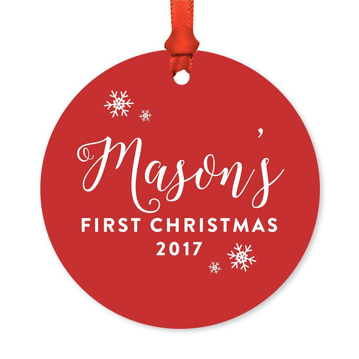 Custom Round Metal Christmas Ornament, Baby's First Christmas, Custom Name, Year-Set of 1-Andaz Press-Elegant Red-