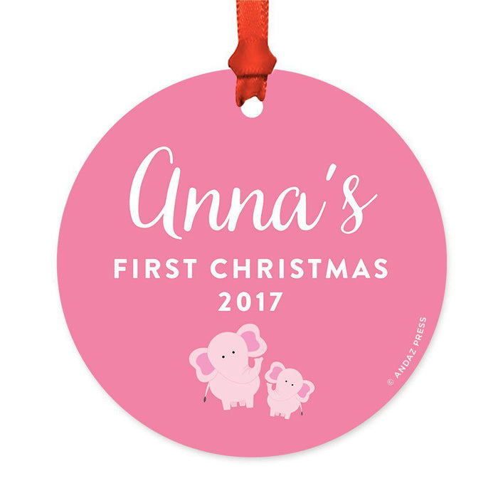 Custom Round Metal Christmas Ornament, Baby's First Christmas, Custom Name, Year-Set of 1-Andaz Press-Elephant Pink-