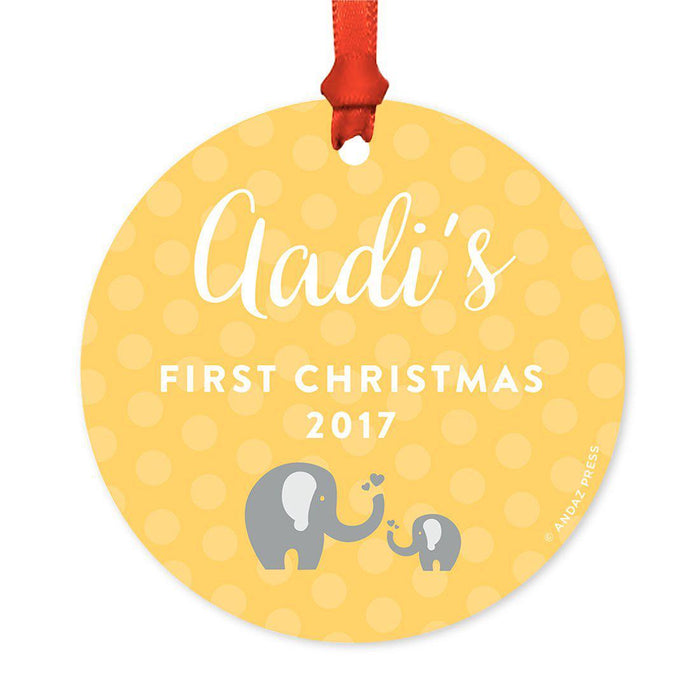 Custom Round Metal Christmas Ornament, Baby's First Christmas, Custom Name, Year-Set of 1-Andaz Press-Elephant, Yellow Gray-