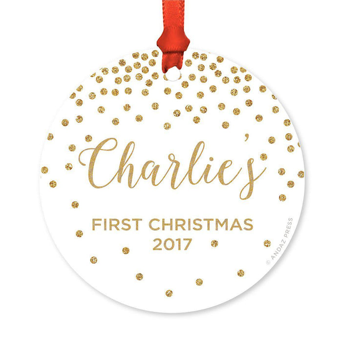 Custom Round Metal Christmas Ornament, Baby's First Christmas, Custom Name, Year-Set of 1-Andaz Press-Gold Polka Dots-