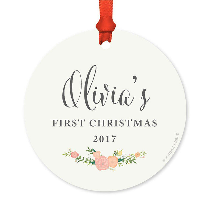 Custom Round Metal Christmas Ornament, Baby's First Christmas, Custom Name, Year-Set of 1-Andaz Press-Ivory Floral Roses-