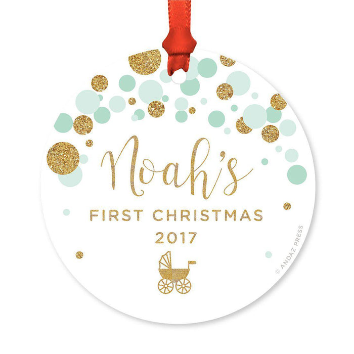 Custom Round Metal Christmas Ornament, Baby's First Christmas, Custom Name, Year-Set of 1-Andaz Press-Mint Green Dots-