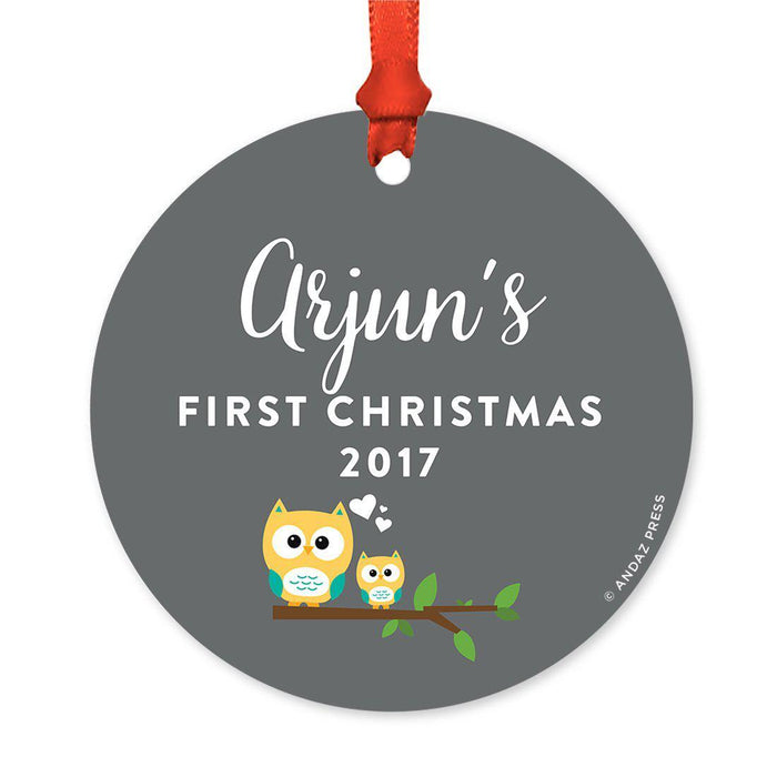 Custom Round Metal Christmas Ornament, Baby's First Christmas, Custom Name, Year-Set of 1-Andaz Press-Owl-