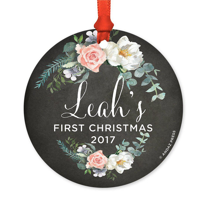 Custom Round Metal Christmas Ornament, Baby's First Christmas, Custom Name, Year-Set of 1-Andaz Press-Peach Chaklboard Floral-