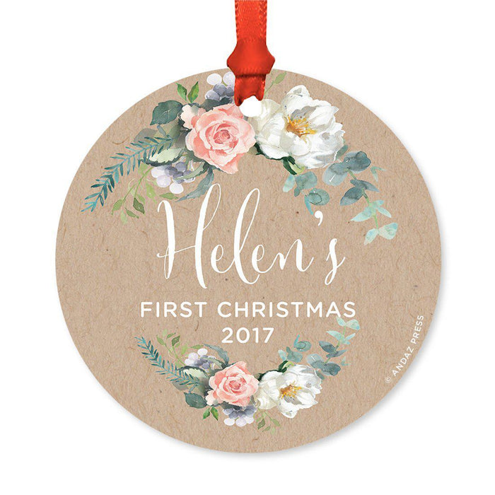 Custom Round Metal Christmas Ornament, Baby's First Christmas, Custom Name, Year-Set of 1-Andaz Press-Peach Kraft Brown Rustic Floral-