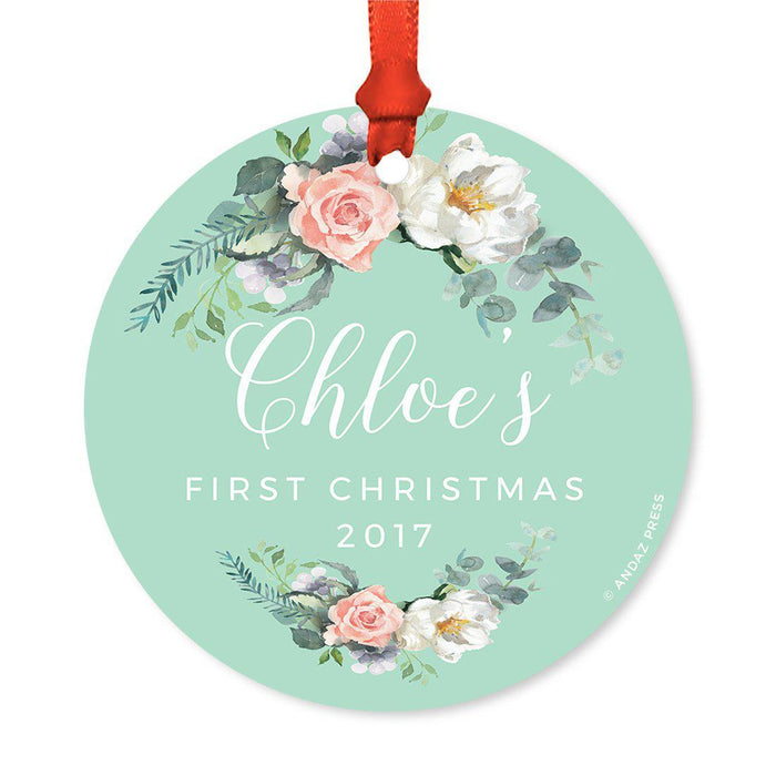 Custom Round Metal Christmas Ornament, Baby's First Christmas, Custom Name, Year-Set of 1-Andaz Press-Peach Mint Green Floral-