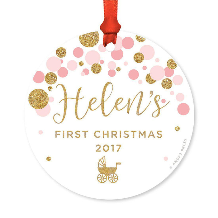 Custom Round Metal Christmas Ornament, Baby's First Christmas, Custom Name, Year-Set of 1-Andaz Press-Pink Dots-