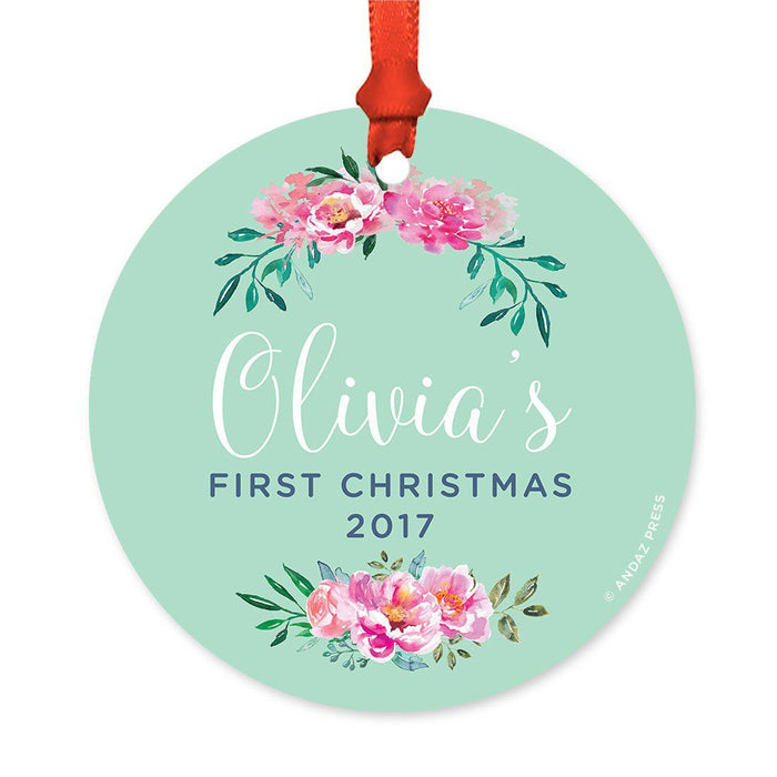 Custom Round Metal Christmas Ornament, Baby's First Christmas, Custom Name, Year-Set of 1-Andaz Press-Pink Peonies Floral-