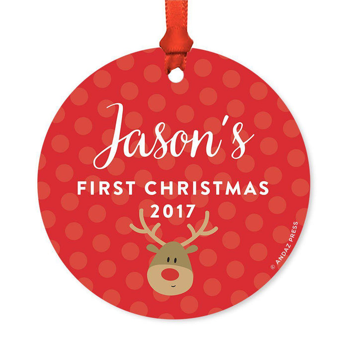 Custom Round Metal Christmas Ornament, Baby's First Christmas, Custom Name, Year-Set of 1-Andaz Press-Reindeer-