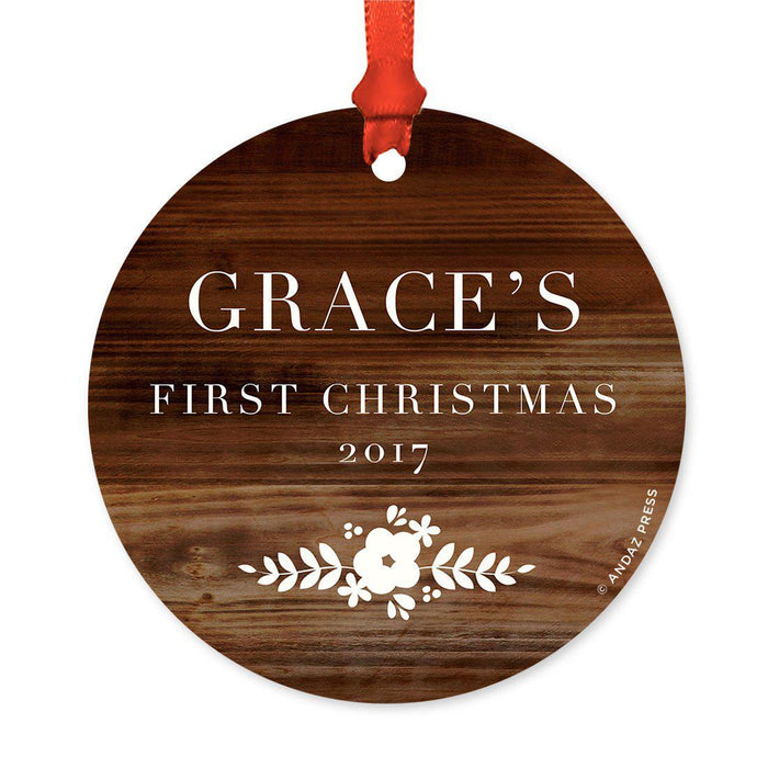Custom Round Metal Christmas Ornament, Baby's First Christmas, Custom Name, Year-Set of 1-Andaz Press-Rustic Wood Floral-