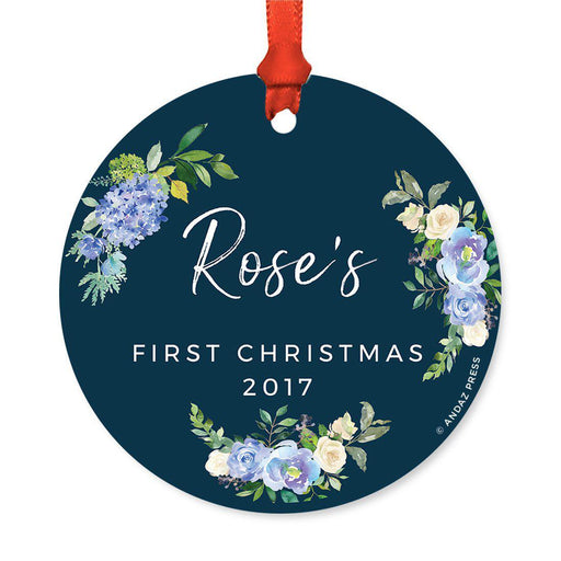 Custom Round Metal Christmas Ornament, Baby's First Christmas, Custom Name, Year-Set of 1-Andaz Press-Navy Blue Hydrangea Floral-