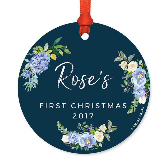 Custom Round Metal Christmas Ornament, Baby's First Christmas, Custom Name, Year-Set of 1-Andaz Press-Navy Blue Hydrangea Floral-