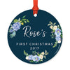 Custom Round Metal Christmas Ornament, Baby's First Christmas, Custom Name, Year-Set of 1-Andaz Press-Navy Blue Hydrangea Floral-