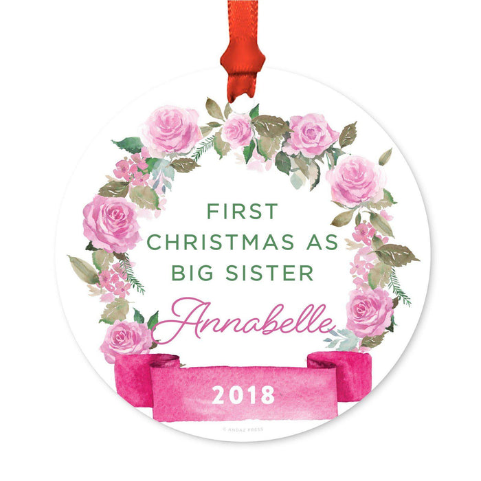Custom Round Metal Christmas Ornament, Pink Flowers Banner, Includes Ribbon and Gift Bag-Set of 1-Andaz Press-First Christmas Custom-